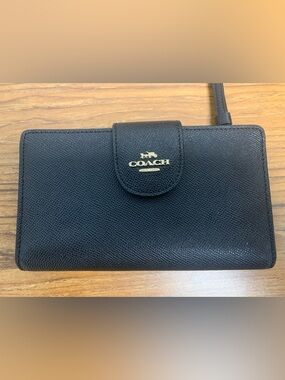 Coach Black Pebbled Leather Tech Wallet with Gold Logo Plaque